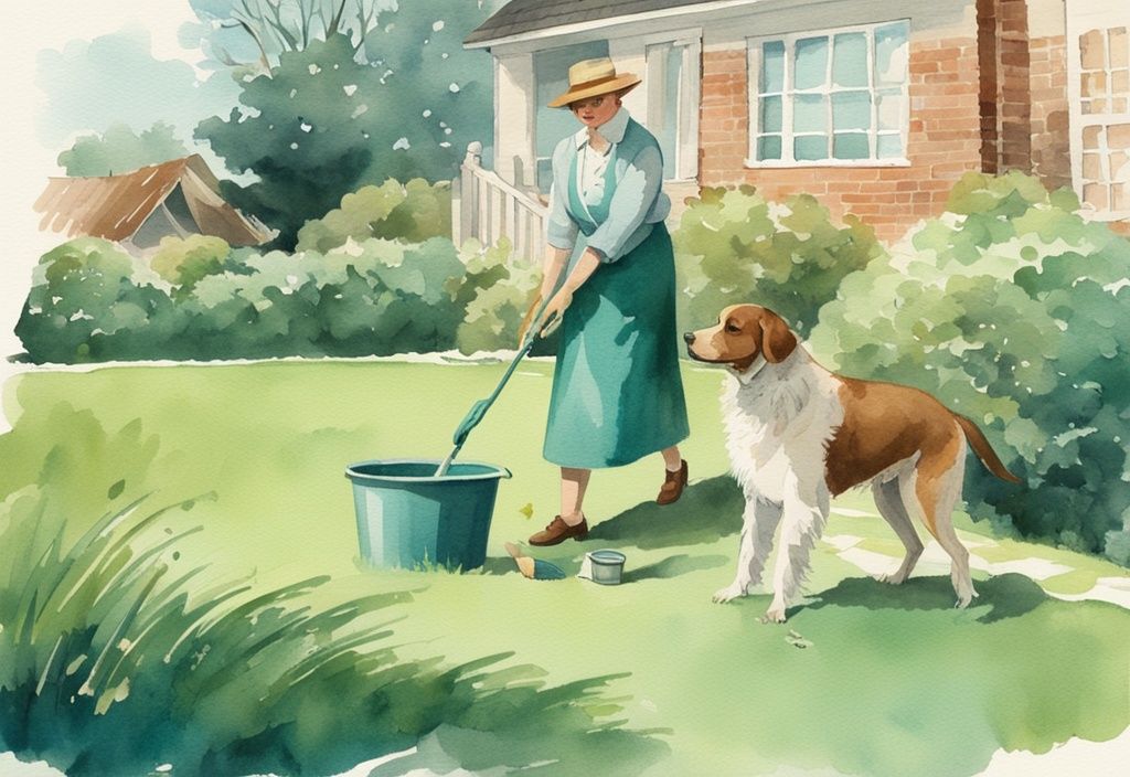 Vintage watercolor illustration of a person cleaning green turf with enzyme-based cleaner, scrubbing brush, and bucket, while a dog watches in the background, featuring a teal color theme.