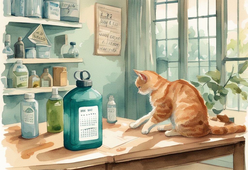 Vintage watercolor illustration of a teal-themed scene featuring a curious cat observing a pesticide spray bottle on a table with calendar sheets, a warning sign, and a protected garden in the background.