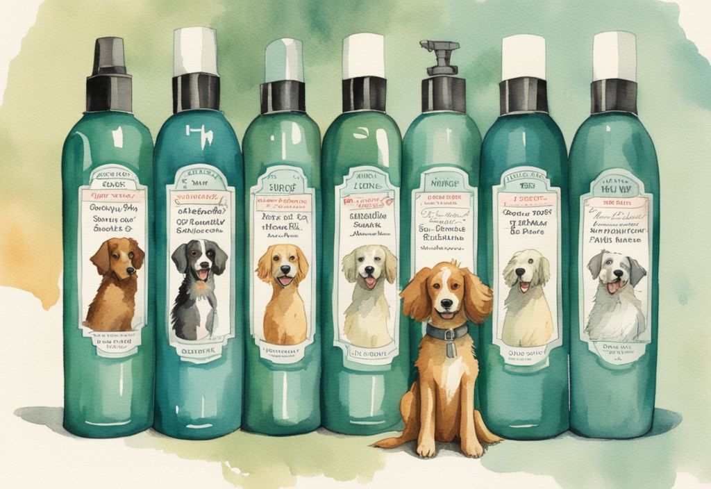 Vintage watercolor illustration featuring 5 best antifungal dog shampoo bottles in teal theme, with a happy, healthy dog nearby.