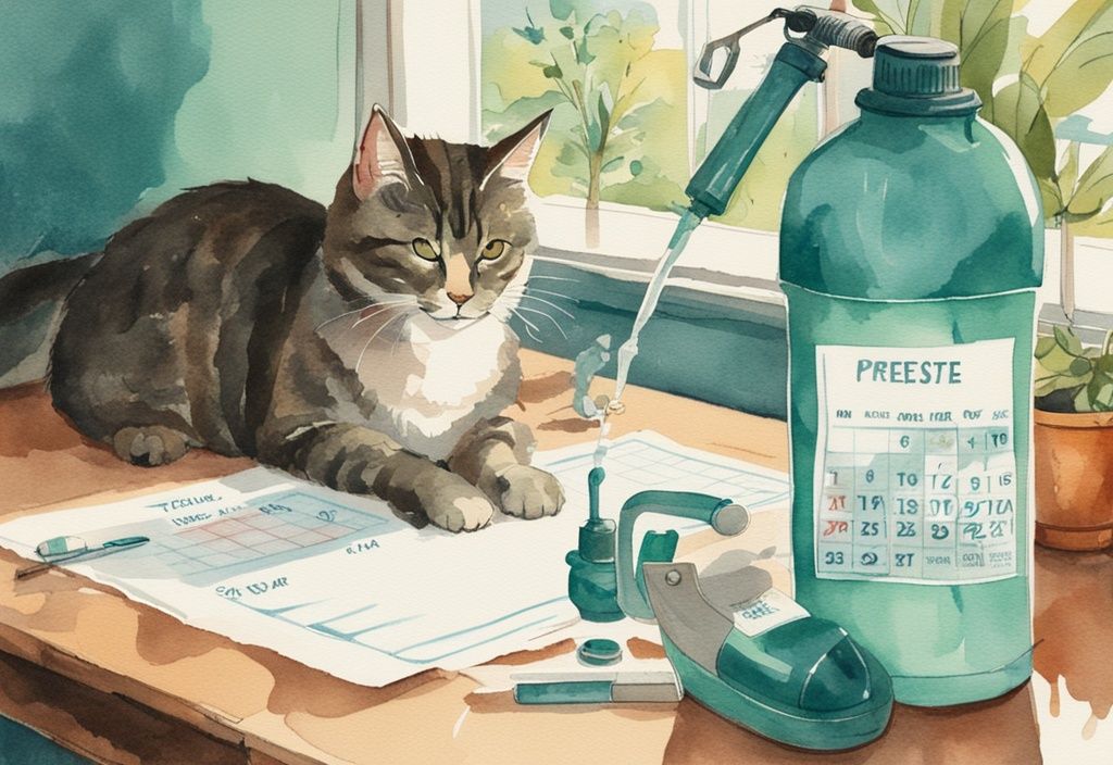 Vintage watercolor illustration of a teal-themed scene featuring a curious cat observing a pesticide spray bottle on a table with calendar sheets, a warning sign, and a protected garden in the background.