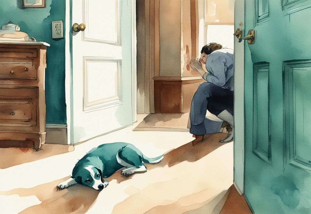 Vintage watercolor illustration of a frightened dog in a teal-themed room with concerned owner in the background.