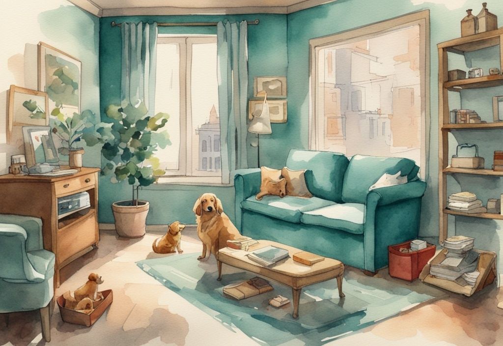 Vintage watercolor illustration of a teal-themed city apartment with a cozy dog corner, organized toys, and a content small dog on a doggy sofa.