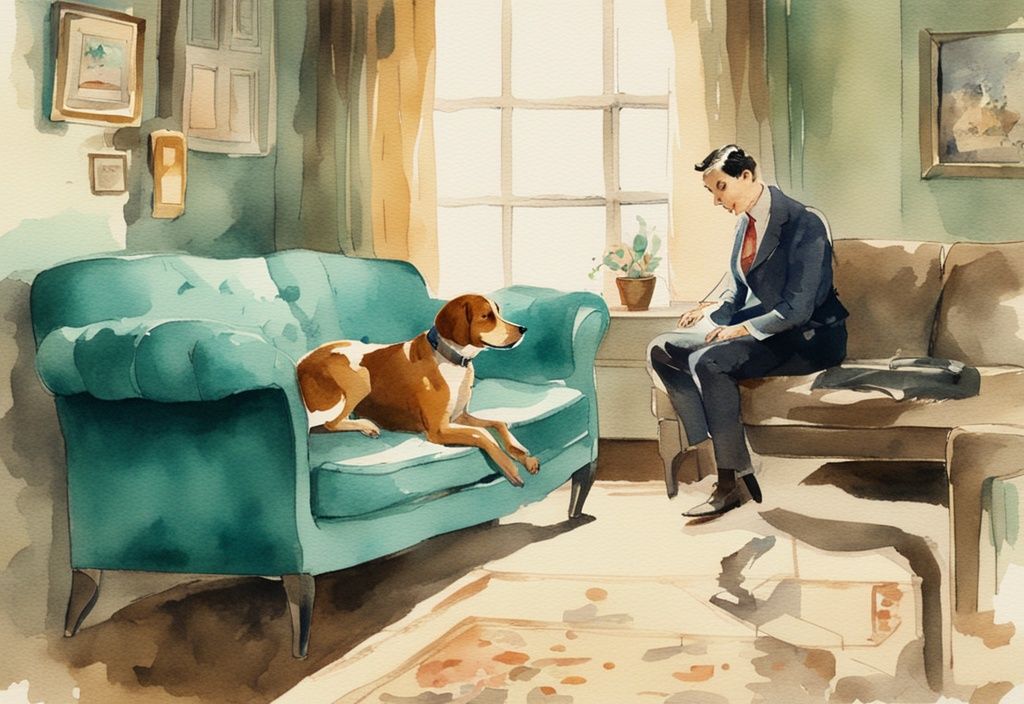 Vintage watercolor illustration of a curious dog mid-lick on a teal-themed couch with a bewildered owner, exploring the question: why does my dog lick the couch?