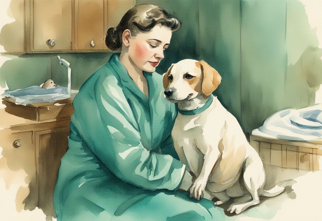 Vintage watercolor illustration of a worried pet owner cradling a shivering small dog in a teal-themed post-surgery recovery room.