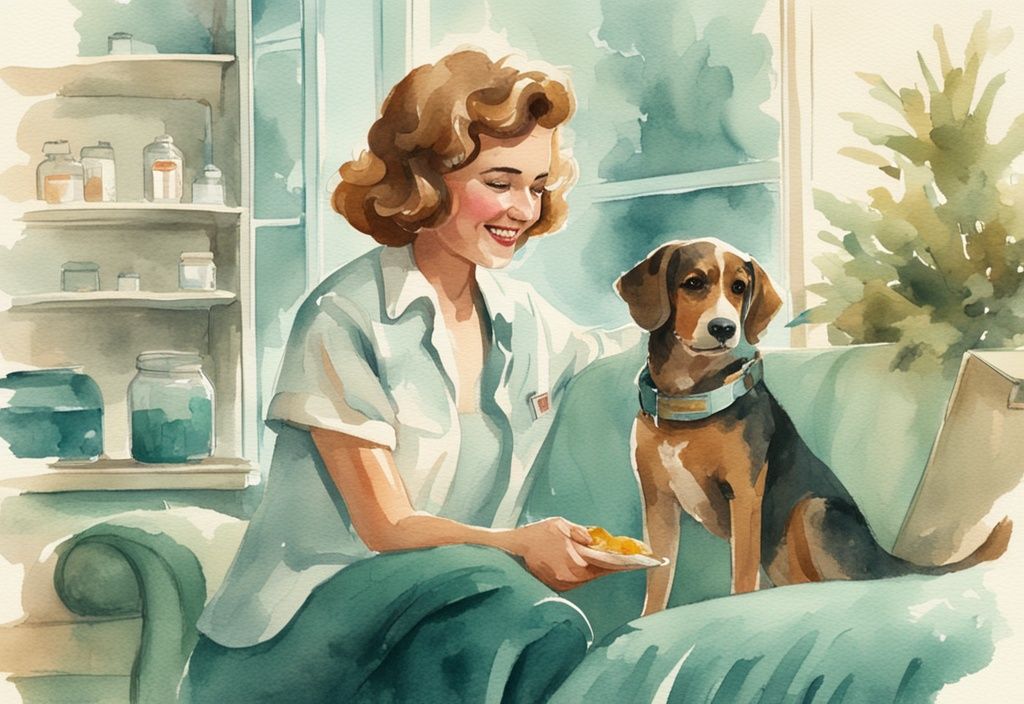 Vintage watercolor illustration of a concerned pet owner holding a Cytopoint package, with a happy and healthy dog playing in the teal-themed background.