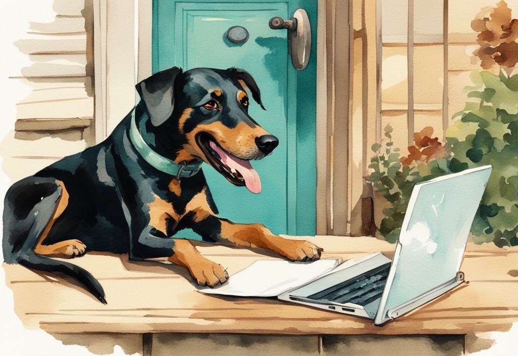 Vintage watercolor illustration of a teal-themed friendly dog yawning with a black roofed mouth, next to a concerned pet owner using a digital tablet.