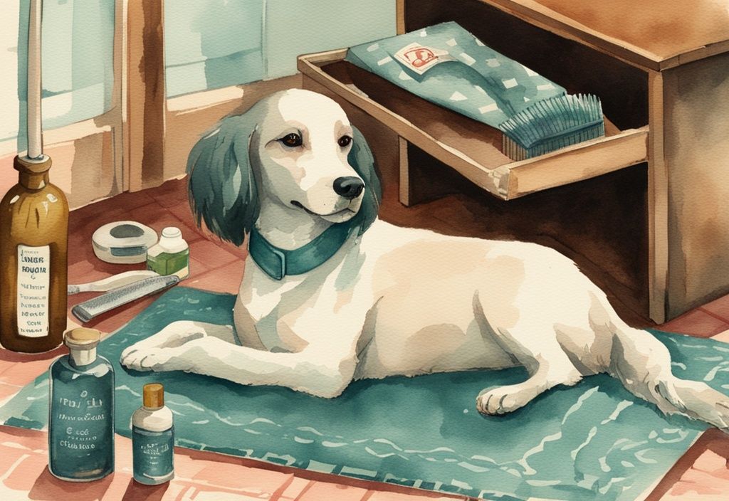 Vintage watercolor illustration of a teal-themed scene featuring a dog lying on a rug as its owner brushes its fur with a special comb, alongside a bottle of homemade anti-shedding remedy.