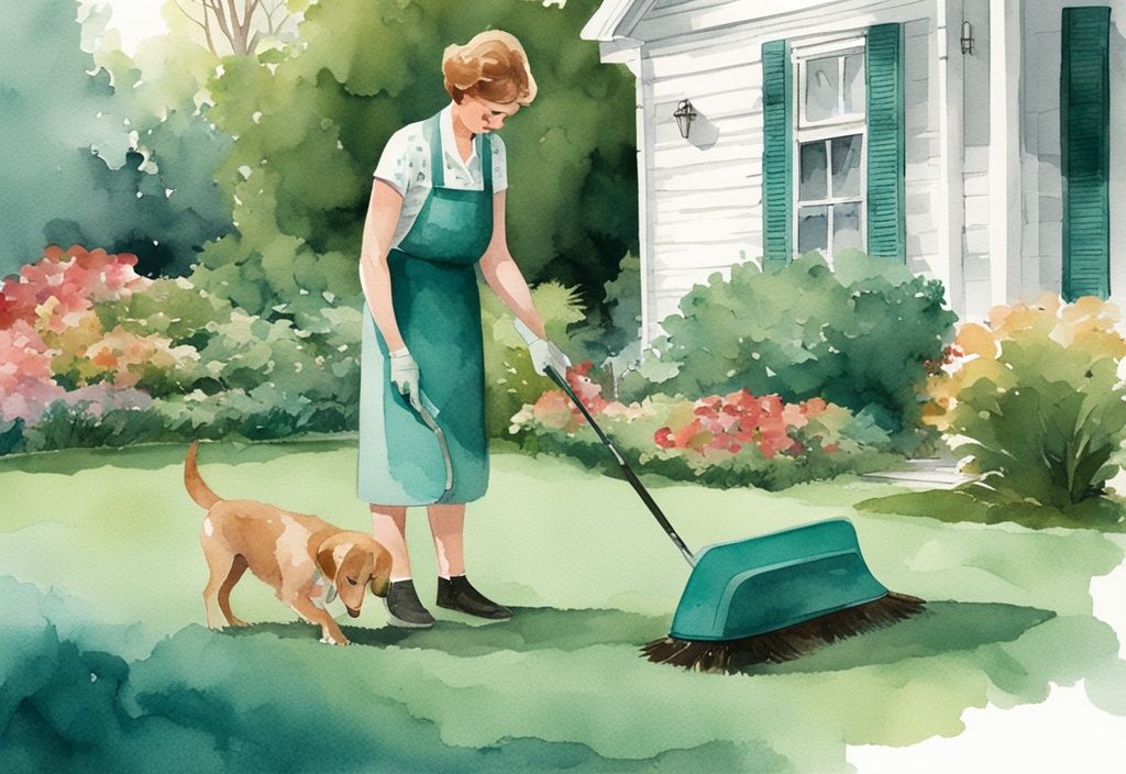 Vintage watercolor illustration of a homeowner cleaning synthetic turf with a recommended product after dog pee, showcasing how to clean turf from dog pee, in a teal-themed garden setting.