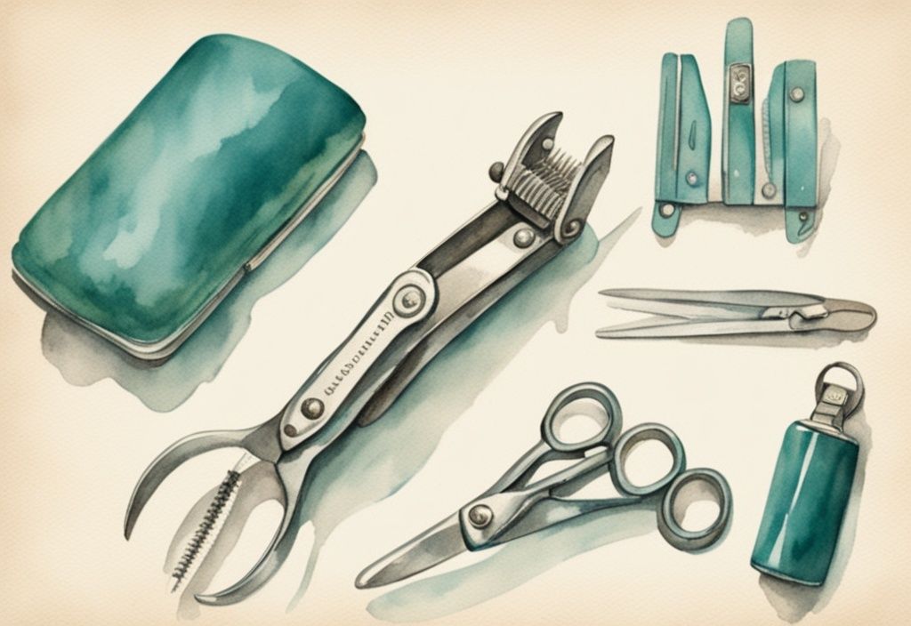 Vintage watercolor illustration of teal-themed dog nail clippers used on a well-groomed dog's paw.