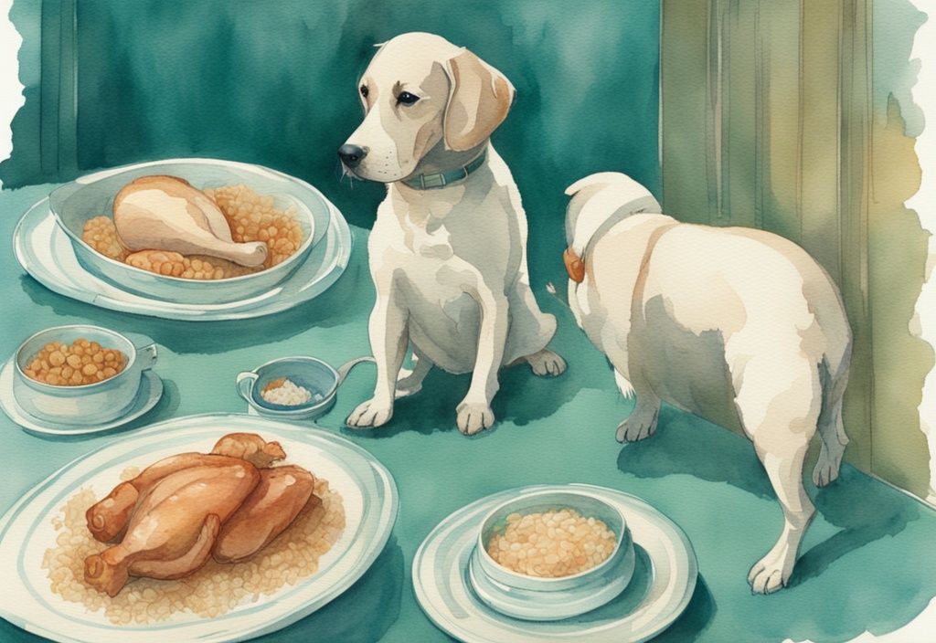 Vintage watercolor illustration of a balanced dog meal with chicken and rice, portioned for small, medium, and large dogs, in teal color theme.