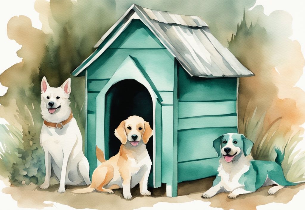 Vintage watercolor illustration featuring the 5 best dog house heaters in a cozy, teal-themed outdoor dog house setting.