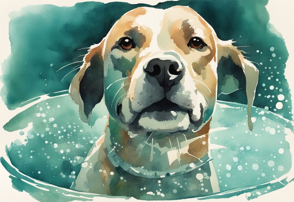 Vintage watercolor illustration of a lively dog drinking water with visible sparkles, highlighting electrolytes for dogs, in a teal-themed artwork.