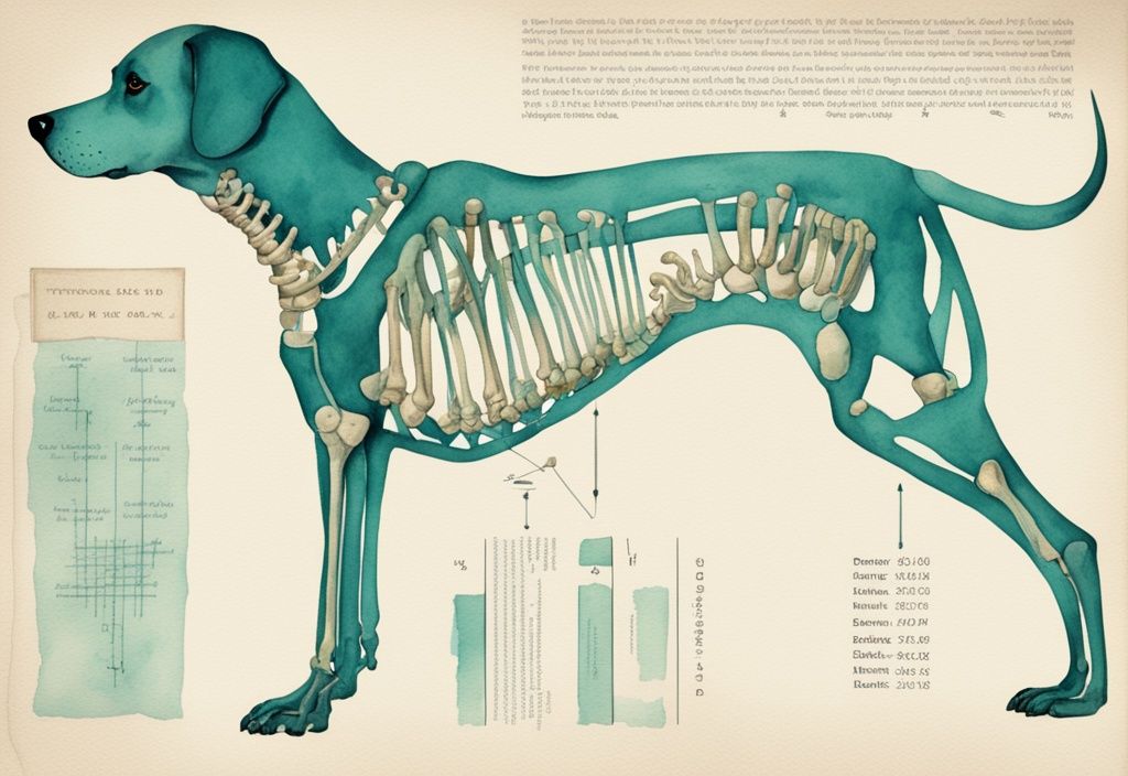 Vintage teal watercolor illustration of a dog with labeled skeletal diagram showing total bone count.