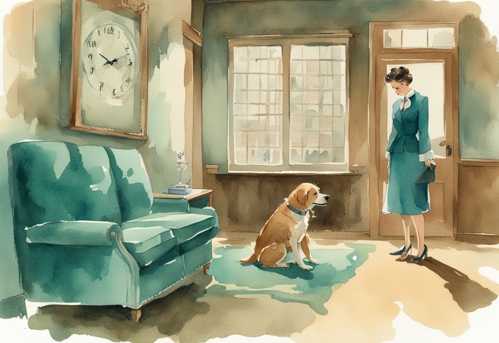 Vintage watercolor illustration of a frustrated owner with a clock and disciplined dog in time out area, teal color theme.