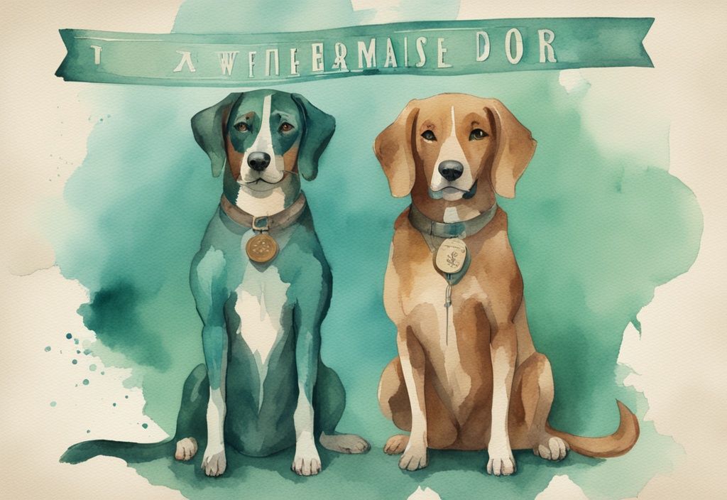 Vintage watercolor illustration of male and female dogs in teal theme, labeled with gender and names in stylistic font.