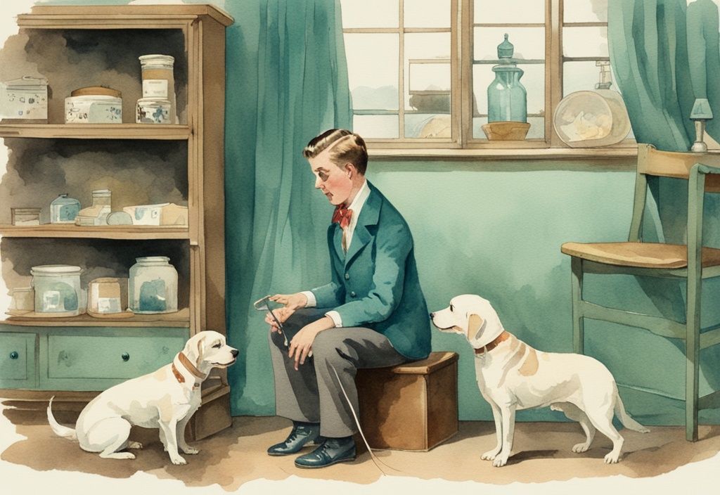 Vintage watercolor illustration of a concerned pet owner observing dog behaviors indicating need for neutering, teal color theme.