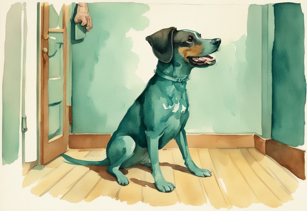 Vintage watercolor illustration of a dog in teal theme, displaying unusual behaviors like wall-staring and excessive barking, addressing the question: why is my dog acting weird.