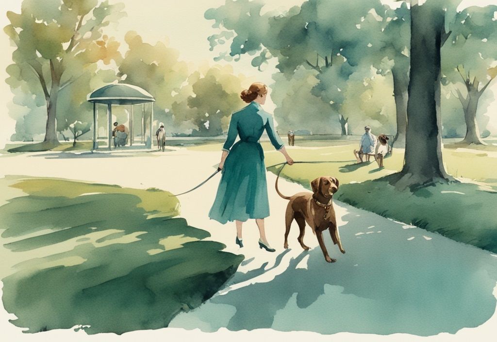 Vintage watercolor illustration of two dogs biting in a park, teal color theme, with concerned dog owners approaching.