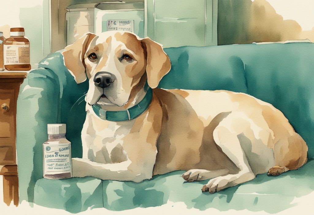 Vintage watercolor illustration of an elderly dog resting on a bed with a compassionate veterinarian and over-the-counter drugs, teal color theme.