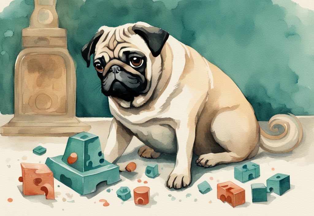 Vintage watercolor illustration of a perplexed pug in teal theme, scratching its head at a dog puzzle toy.