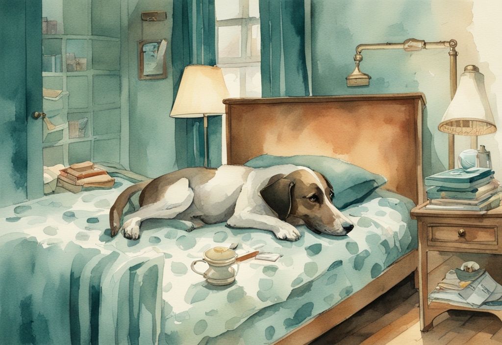 Vintage watercolor illustration of a frightened dog hiding under a bed, surrounded by scattered items like a toppled lamp and dropped ball, depicting the scene "why is my dog hiding under the bed all of a sudden" with a teal color theme.