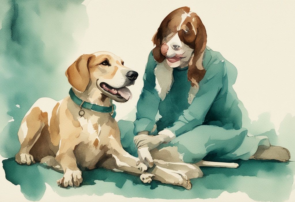 Vintage watercolor illustration of a playful dog chewing a bone on owner's lap, teal color theme.