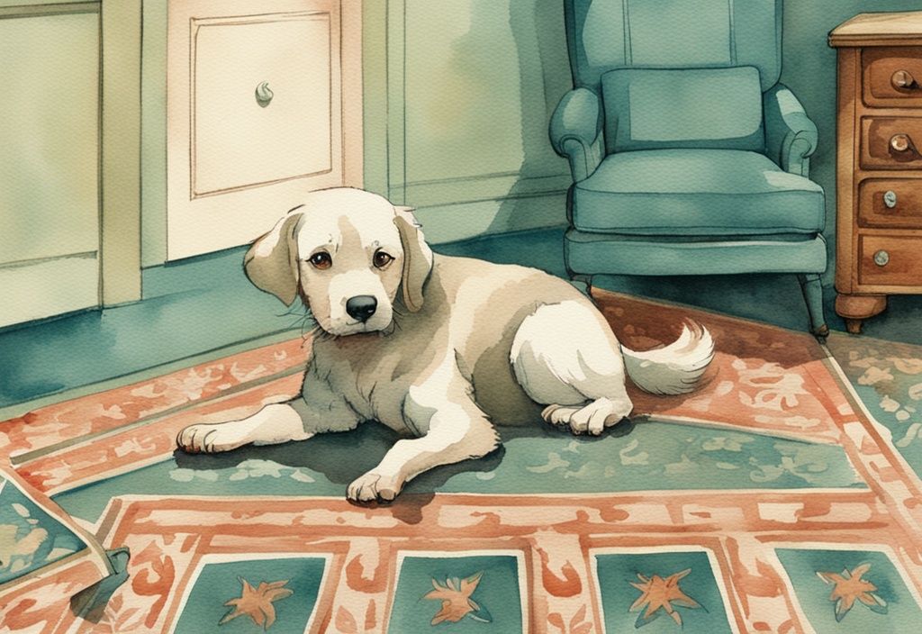 Vintage watercolor illustration of a dog scratching its paw against a teal-themed carpet, highlighting the query why does my dog scratch the carpet with visible carpet fibers being pulled up.