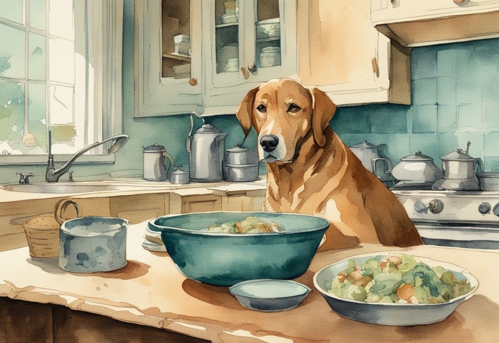 Vintage watercolor illustration of an aging dog in a kitchen, disinterested in a bowl of food, with a teal color theme.