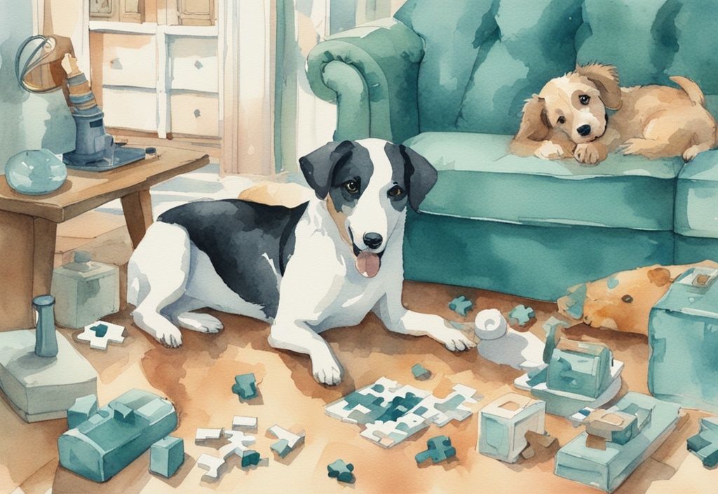 Vintage watercolor illustration of a playful dog engaging with toys and puzzles indoors, showcasing how to tire a dog out without walking, with a teal color theme.