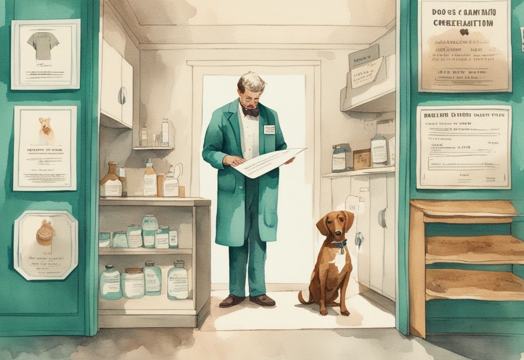 Vintage teal watercolor illustration of a compassionate veterinarian holding a cost breakdown infographic for dog cremation.