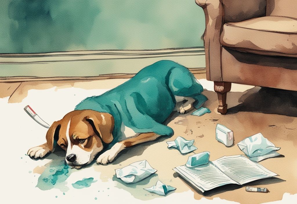 Vintage watercolor illustration of a distressed dog near a torn tampon wrapper as the owner reads about "dog ate tampon" online.