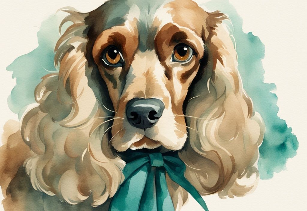 Vintage watercolor illustration of Lady, the American Cocker Spaniel from Lady and the Tramp, featuring teal color theme, long ears, wavy fur, and expressive eyes.