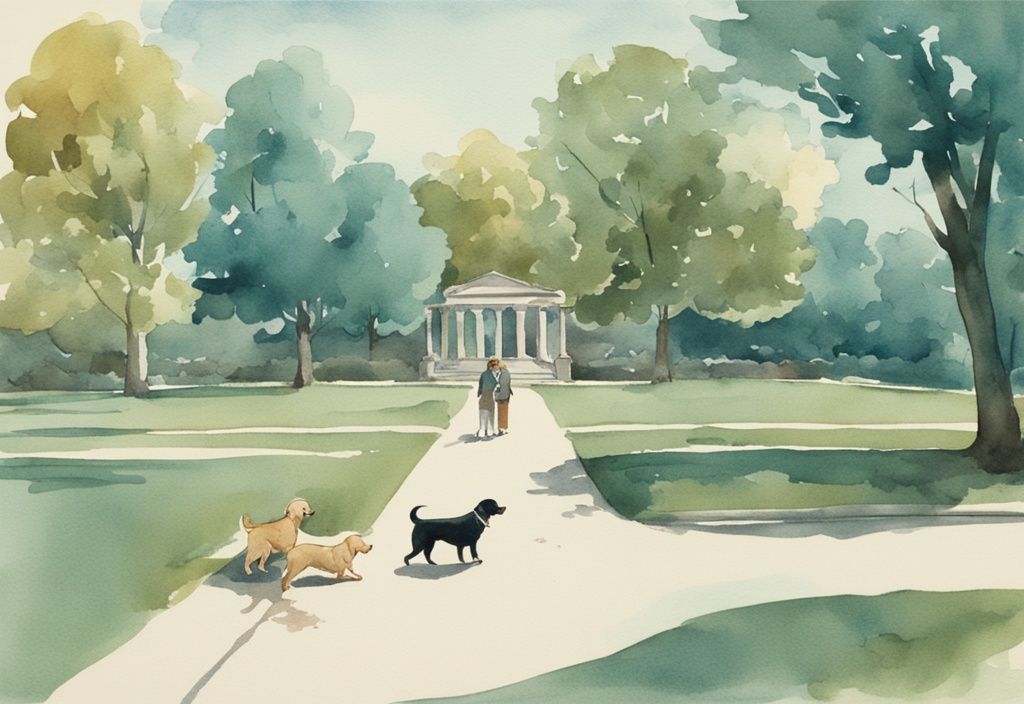 Vintage watercolor illustration of two dogs, one biting the other, in a park with teal color theme and concerned dog owners approaching.