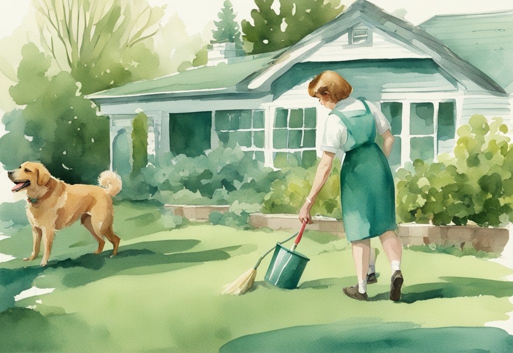 Vintage watercolor illustration of a person cleaning green turf with enzyme-based cleaner, scrubbing brush, and bucket, with a dog in the background, teal color theme.