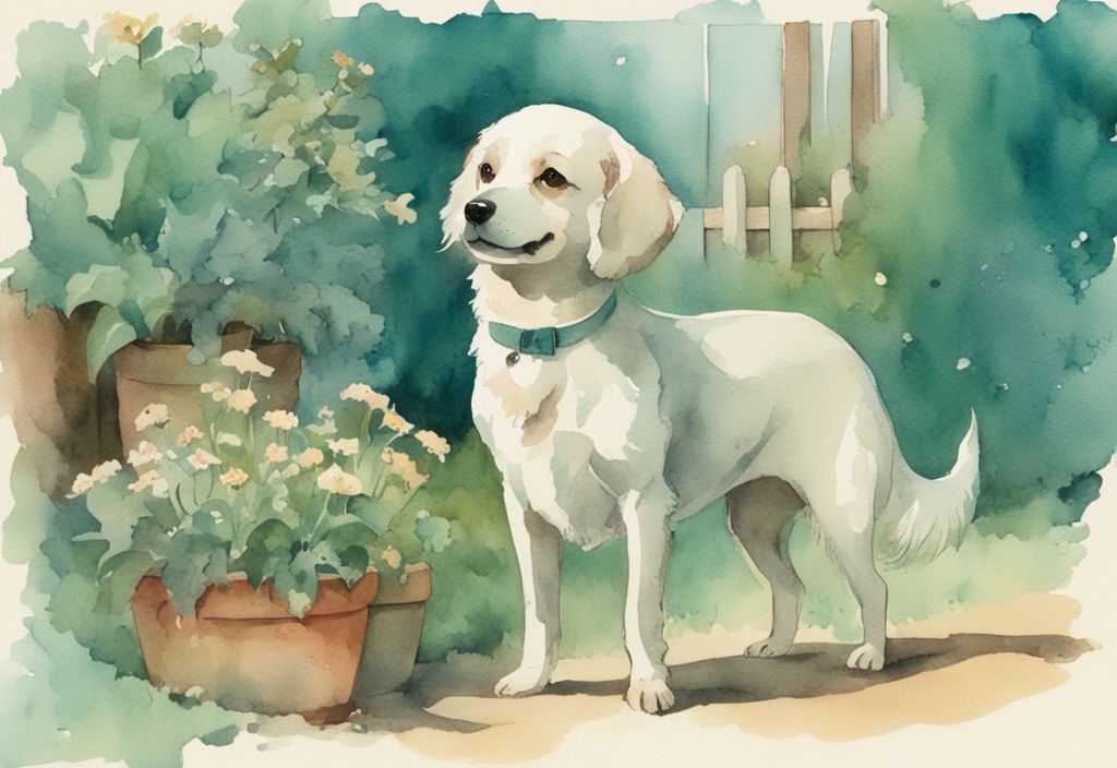 Vintage watercolor illustration of a short spine syndrome dog in a garden, featuring a joyful expression and a teal color theme.