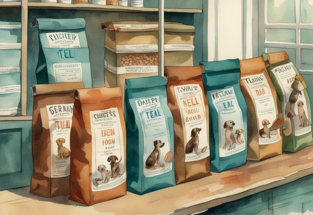 Vintage watercolor illustration of teal-themed high-rated dry dog food bags with curious dogs inspecting them.