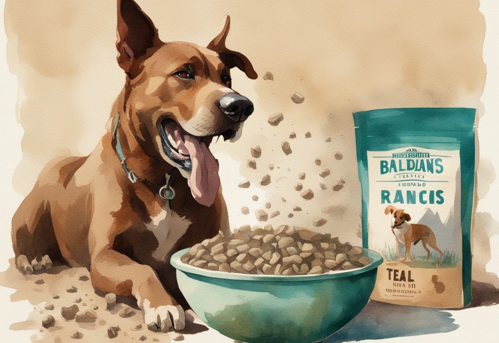 Vintage watercolor illustration of a dog enjoying Badlands Ranch dog food, featuring a teal color theme and the product bag.