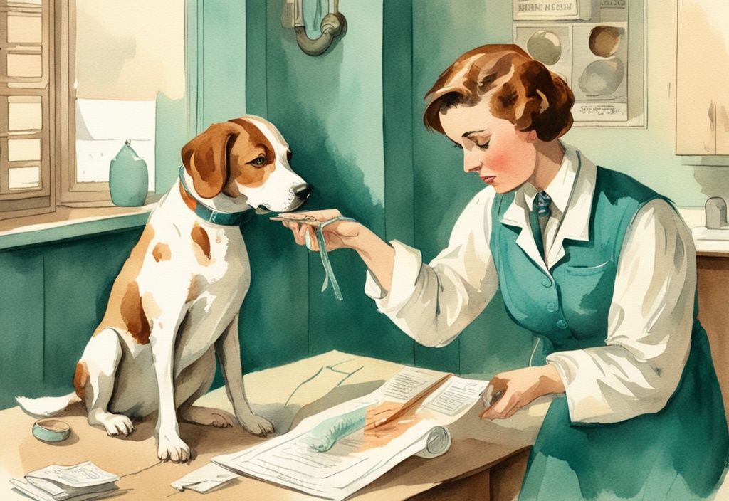 Vintage watercolor illustration of a worried dog owner consulting a vet about dog intestinal blockage, with a teal color theme.