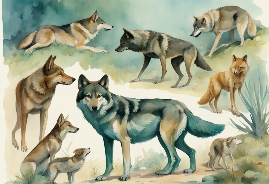 Vintage watercolor illustration featuring teal tones with wolves, coyotes, and large birds in natural habitats, predators of dogs.