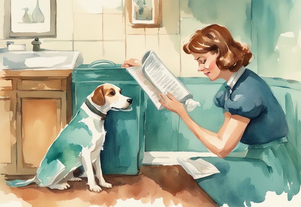 Vintage watercolor illustration of a concerned pet owner consulting a veterinary book as her dog playfully tugs a roll of toilet paper, featuring a teal color theme.