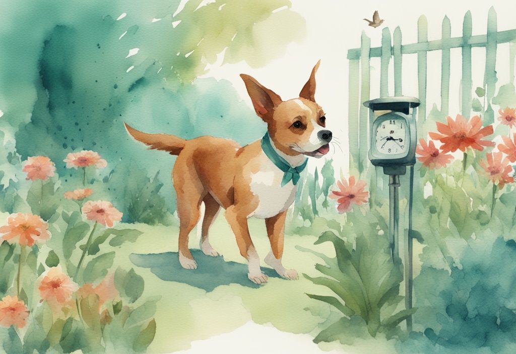 Vintage watercolor illustration of a playful pet in a teal-themed garden with a digital timer overlay, addressing the question: how long after pesticide application is it safe for pets.