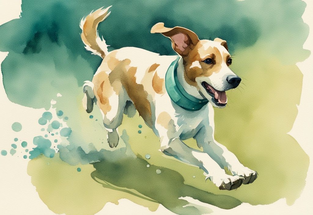 Vintage watercolor illustration of a teal-themed dog playing fetch, occasionally showing signs of discomfort or gagging.