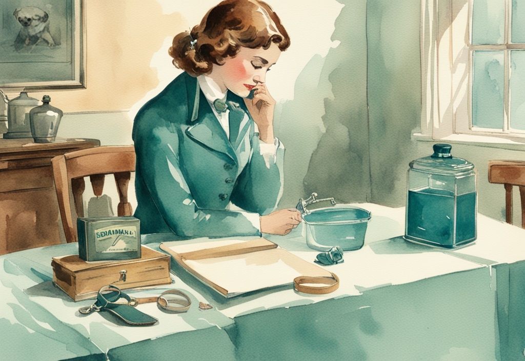 Vintage watercolor illustration of a grieving pet owner holding a collar and leash, with a box of Benadryl on the table, symbolizing the decision to euthanize a beloved dog; teal color theme.