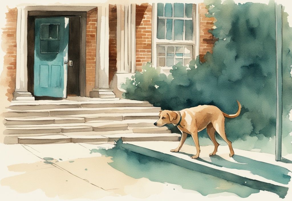 Vintage watercolor illustration of a teal-themed stray dog outside a Texas courthouse with a countdown clock for legal ownership transfer.