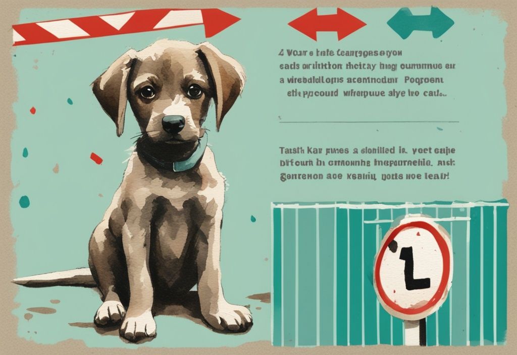 Vintage watercolor illustration of a sad puppy behind a bite-marked caution sign, accompanied by an infographic on "how many times can a dog bite before being put down" with a teal color theme.