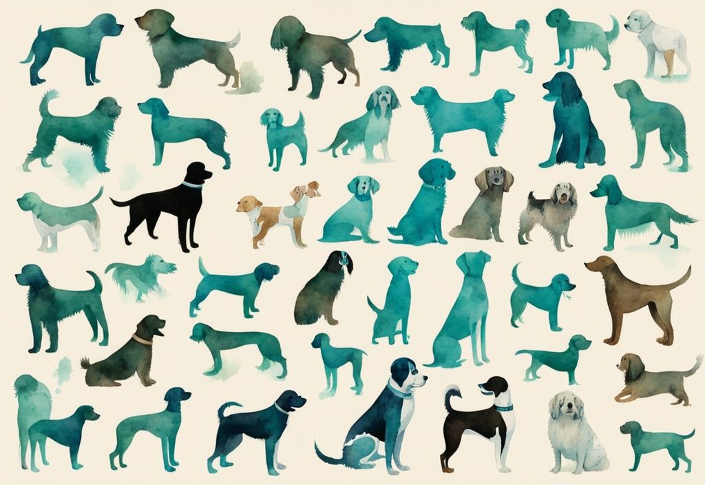 Vintage watercolor illustration of various dog breeds in a teal-themed park setting.