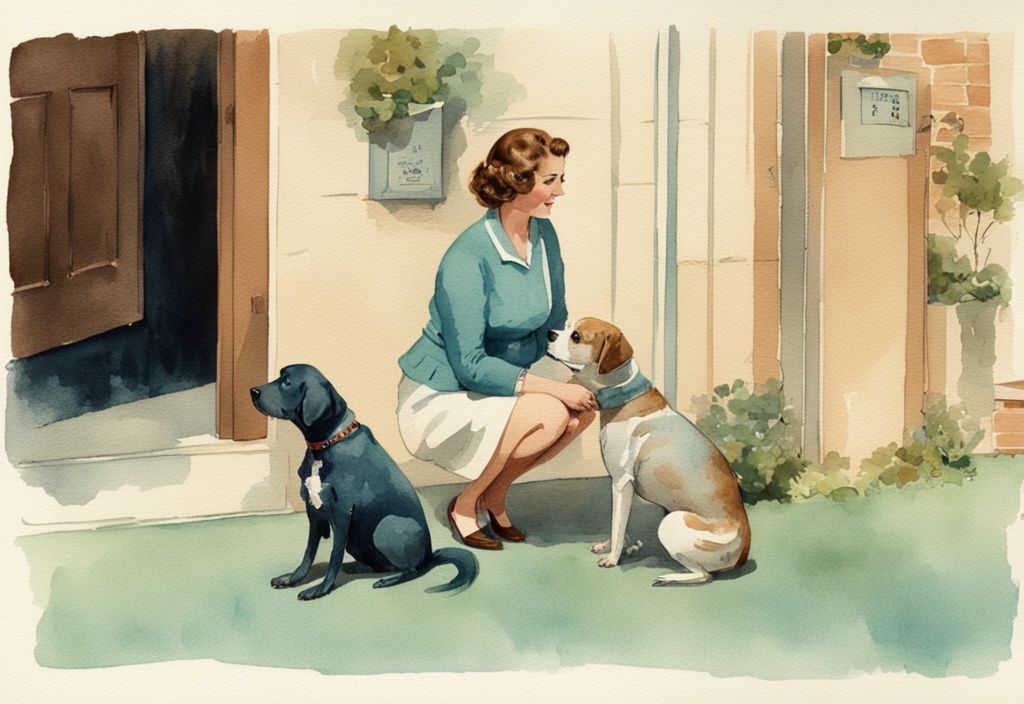 Vintage watercolor illustration of a pet owner learning how to make a constipated dog poop by following a vet's advice on a high-fiber diet and regular exercise, with a teal color theme.