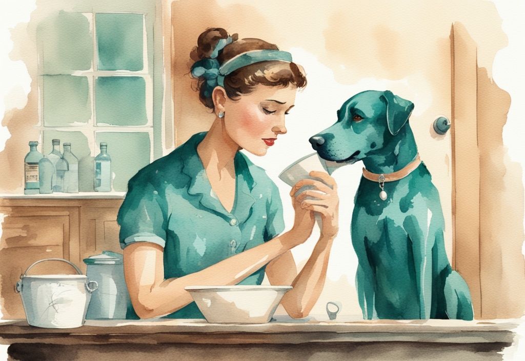 Vintage watercolor illustration of a distressed dog owner watching her nauseous dog after drinking water, teal color theme.