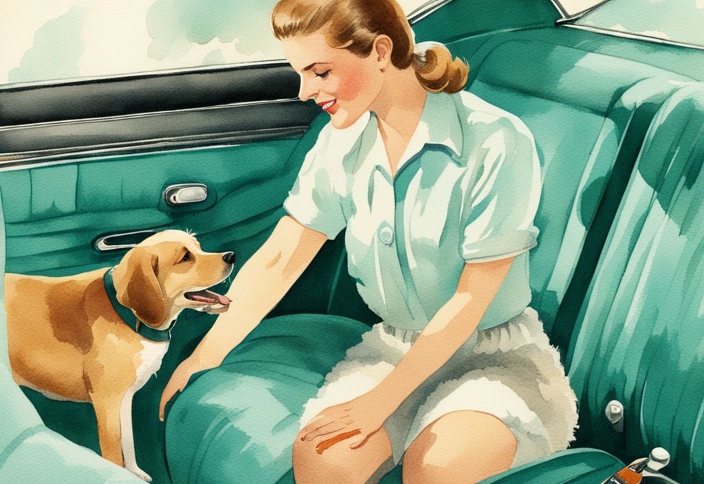 Vintage watercolor illustration of a person using a pet hair removal brush to clean dog hair from car seats and carpet, showcasing how to get dog hair out of the car.