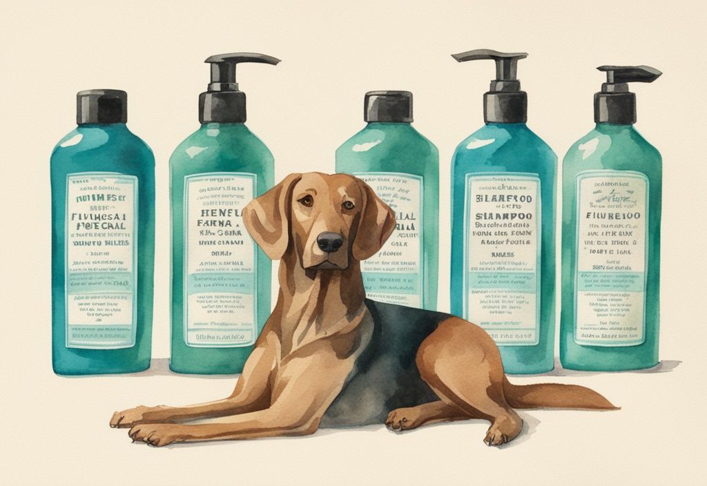 Vintage watercolor illustration featuring teal-themed antifungal dog shampoo bottles with benefits labels, alongside a well-groomed, healthy dog.